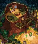  1boy 1girl belt blonde_hair bush fairy food green_eyes green_hair hat kianamosser ladder leaf link mushroom nature navi outdoors plant pot saria_(the_legend_of_zelda) shadow sign sleeping table the_legend_of_zelda the_legend_of_zelda:_ocarina_of_time tree twitter_username 