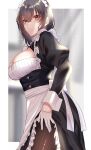  1girl apron bangs black_legwear blurry blurry_background border breasts brown_hair cleavage_cutout clothes_lift clothing_cutout eyebrows_visible_through_hair frills from_side frown gloves hair_between_eyes highres large_breasts lifted_by_self long_sleeves looking_at_viewer maid maid_apron maid_headdress onineko-chan original pantyhose short_hair skirt skirt_lift sweatdrop torn_clothes torn_legwear white_border white_gloves wrist_cuffs yellow_eyes 