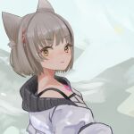  1girl animal_ear_fluff animal_ears bangs braid cat_ears chest_jewel closed_mouth eyebrows_visible_through_hair frown gem grey_hair highres jacket mio_(xenoblade) multicolored_hair open_clothes open_jacket red_hair remaco short_hair solo tank_top two-tone_hair upper_body white_jacket xenoblade_chronicles_(series) xenoblade_chronicles_3 yellow_eyes 