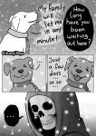  ambiguous_gender animated_skeleton bone canid canine canis chain cold collar comic death_(personification) dialogue domestic_dog duo english_text feral greyscale jenny_jinya loving_reaper mammal monochrome skeleton snow snowing text undead 