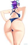  1girl absurdres artist_name ass backless_swimsuit blue_swimsuit breasts cameltoe commentary commission competition_swimsuit danfer3 english_commentary from_behind hair_ornament hands_on_hips highres irelia league_of_legends legs_together looking_at_viewer looking_back medium_breasts mixed-language_commentary one-piece_swimsuit order_of_the_lotus_irelia parted_lips purple_eyes purple_hair skindentation solo standing swimsuit thong_swimsuit 