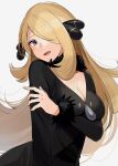  1girl black_coat blonde_hair breasts cleavage coat cynthia_(pokemon) eyelashes floating_hair fur-trimmed_coat fur_collar fur_trim grey_eyes hair_ornament hair_over_one_eye highres long_hair long_sleeves looking_at_viewer medium_breasts open_mouth pokemon pokemon_(game) pokemon_dppt ririmon simple_background smile solo tongue white_background 