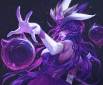  &gt;3&lt; 1girl artist_name ball bangs bare_shoulders breasts closed_mouth colored_inner_hair dress dutch_angle elbow_gloves facial_mark gem gloves hair_between_eyes hair_ornament highres league_of_legends long_hair magic multicolored_hair pink_hair purple_hair star_guardian_(league_of_legends) star_guardian_syndra stootato_(crownsforkings) syndra wrist_cuffs 