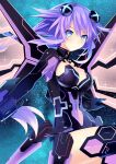  1girl absurdres bangs black_gloves black_leotard blue_eyes braid breasts cleavage closed_mouth covered_navel eyebrows_visible_through_hair gloves hair_between_eyes hair_ornament hatsune_haruka highres large_breasts leotard long_hair looking_at_viewer neptune_(series) purple_hair purple_heart shrug_(clothing) smile solo twin_braids twintails very_long_hair 