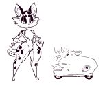  2022 anthro car chest_tuft clawroline claws dababy digital_drawing_(artwork) digital_media_(artwork) duo ear_tuft eyeshadow felid female frown gountro humor kirby kirby_(series) kirby_and_the_forgotten_land leopard low_res makeup male mammal monochrome nintendo pantherine standing text thick_thighs tuft vehicle video_games wheel wide_hips 