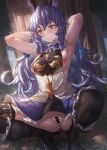  1girl animal_ears armpits arms_behind_head bangs bare_shoulders black_footwear black_legwear blue_hair blue_skirt blush boots breasts dress earrings erune ferry_(granblue_fantasy) granblue_fantasy high_heel_boots high_heels ibuki_notsu jewelry knee_boots long_hair looking_to_the_side medium_breasts nipple_slip nipples pussy single_earring skirt solo squatting thighhighs thighhighs_under_boots wavy_hair white_dress yellow_eyes 