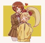  2girls :d ameko53133 bangs blush_stickers bow brown_jacket cat_hair_ornament closed_eyes collared_shirt cropped_legs danganronpa_(series) danganronpa_2:_goodbye_despair dress_shirt eyebrows_visible_through_hair freckles hair_bow hair_ornament hands_on_another&#039;s_shoulders heart highres jacket japanese_clothes kimono koizumi_mahiru long_sleeves miniskirt multiple_girls neck_ribbon orange_background orange_kimono pleated_skirt ponytail red_bow red_ribbon ribbon saionji_hiyoko shirt simple_background skirt smile teeth upper_teeth white_background white_shirt wide_sleeves 