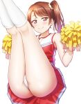  1girl ass bangs blush brown_hair cheerleader closed_mouth commentary eyebrows_visible_through_hair hair_ornament hair_scrunchie highres holding holding_pom_poms kneehighs legs_together legs_up looking_at_viewer mibushiro original panties pleated_skirt pom_pom_(cheerleading) red_eyes red_shirt red_skirt scrunchie shirt side_ponytail simple_background skirt smile solo thighs underwear white_background white_legwear white_panties 