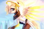  3:2 alternate_species blizzard_entertainment blonde_hair clothing crossover equid equine female feral hair hasbro mammal mercy_(overwatch) my_little_pony overwatch pegasus ponification ponytail rosycanvas smile solo video_games wings 