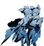  2boys bandage_on_face bandaged_leg bandages cape dual_persona fur_collar highres japanese_clothes male_focus monochrome multiple_boys ponytail sayo_samonji sayo_samonji_(kiwame) touken_ranbu yway1101 