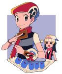  1boy 1girl :d ? beanie beret black_hair black_shirt black_vest bracelet card commentary_request dawn_(pokemon) duel_disk grey_eyes hair_ornament hairclip hat highres holding holding_card jewelry long_hair looking_at_viewer lucas_(pokemon) open_mouth poke_ball_print pokemon pokemon_(game) pokemon_dppt red_headwear red_scarf scarf shirt short_hair short_sleeves sleeveless sleeveless_shirt smile spoken_question_mark tyako_089 vest white_headwear white_shirt yu-gi-oh! 