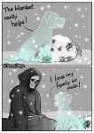  ambiguous_gender animated_skeleton bedding blanket bone border cold comic death death_(personification) dialogue duo english_text feral ghost happy jenny_jinya loving_reaper skeleton snow snowing spirit text undead white_border 
