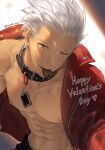  1boy abs archer_(fate) bara bare_pectorals brown_eyes candy chocolate collar dark-skinned_male dark_skin fate/grand_order fate/stay_night fate_(series) food food_in_mouth happy_valentine heart heart-shaped_chocolate jacket large_pectorals looking_at_viewer male_focus mondi_hl muscular muscular_male navel nipples one_eye_closed open_clothes open_jacket pectorals red_jacket short_hair solo twitter_username white_hair 