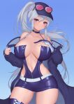  1girl absurdres ass_visible_through_thighs azur_lane bangs bare_shoulders belt blue_background blue_coat blue_dress blue_headwear blue_legwear blue_theme blush breast_suppress breasts center_opening checkered_clothes choker cleavage coat collarbone cowboy_shot dress enterprise_(azur_lane) enterprise_(wind_catcher)_(azur_lane) eyewear_on_headwear floating_hair gloves gradient gradient_background grey_eyes halterneck hands_up hat highres large_breasts long_hair long_sleeves looking_at_viewer microdress navel off_shoulder official_alternate_costume open_clothes open_coat partially_fingerless_gloves pinkcap ponytail purple_eyes race_queen revealing_clothes side_cutout sidelocks silver_hair simple_background single_glove skin_tight sleeves_past_wrists solo sunglasses thighhighs unzipped very_long_hair 