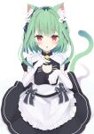 1girl absurdres alternate_costume animal_ear_fluff animal_ears apron bangs bell blue_hair blush cat_ears cat_tail dress earrings elbow_gloves enmaided ghost_earrings gloves gradient_hair green_hair hair_ornament highres hololive jewelry looking_at_viewer maid maid_apron multicolored_hair neck_bell polyethyle red_eyes short_dress short_hair short_sleeves skull_hair_ornament solo tail uruha_rushia virtual_youtuber white_gloves 