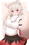  1girl animal_ear_fluff animal_ears beige_background blush breasts commentary_request detached_sleeves eyebrows_visible_through_hair fang hair_between_eyes inubashiri_momiji large_breasts looking_at_viewer no_hat no_headwear open_mouth red_eyes rururiaru short_hair silver_hair simple_background skin_fang skit solo tail touhou two-tone_background white_background wolf_ears wolf_tail 