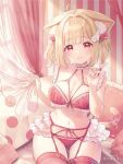  1girl ahoge animal_ear_fluff animal_ears bangs bedroom blonde_hair blunt_bangs blush bra cat_ears cat_girl cat_tail choker closed_mouth curtains fingernails frilled_bra frilled_choker frilled_garter_belt frilled_straps frills garter_belt hair_intakes halterneck heart_ahoge highres indoors kemomimi_refle! kuyukian3 lace-trimmed_legwear lace_trim lingerie looking_at_viewer medium_hair narrow_waist navel nekoma_karin panties red_bra red_eyes red_garter_belt red_legwear red_panties ribbon second-party_source sitting smile solo tail tail_ornament tail_ribbon thighhighs twintails twintails_day underwear underwear_only virtual_youtuber wing_hair_ornament 