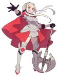  1girl axe blush breasts cape do_m_kaeru edelgard_von_hresvelg fire_emblem fire_emblem:_three_houses fire_emblem_warriors:_three_hopes full_body gloves hair_ribbon long_hair long_sleeves looking_at_viewer open_mouth purple_eyes red_cape ribbon simple_background skirt solo weapon white_background white_hair 