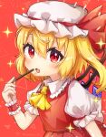  1girl absurdres arms_up ascot asymmetrical_bangs asymmetrical_hair bangs blonde_hair blush collar commentary_request crystal eyelashes fang flandre_scarlet food frilled_collar frills hair_between_eyes hat hat_ribbon highres holding looking_at_viewer mob_cap one_side_up open_mouth pocky puffy_short_sleeves puffy_sleeves rainbow_order red_background red_eyes red_ribbon red_skirt red_vest ribbon shirt short_sleeves simple_background skin_fang skirt solo sparkle standing suguharu86 touhou twitter_username upper_body vest white_headwear white_shirt wings wrist_cuffs yellow_ascot 
