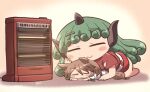  2girls animal_ears blush_stickers closed_eyes closed_mouth cloud_print curly_hair eyebrows_visible_through_hair fox_ears fox_tail green_hair green_ribbon hair_between_eyes heater horns kariyushi_shirt komano_aunn kudamaki_tsukasa light_brown_hair long_hair multiple_girls red_shirt red_shorts ribbon rokugou_daisuke romper shirt short_hair shorts signature single_horn smile tail touhou 