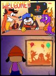  activision anthro balloon bandicoot beanie canid canine canis claws clothed clothing crash_bandicoot crash_bandicoot_(series) crossover digital_media_(artwork) domestic_dog dragon feral fingerless_gloves fingers fur gesture gloves group handwear hat headgear headwear hi_res horn inflatable kayllacat klonoa klonoa_(series) male mammal marsupial membrane_(anatomy) open_mouth parappa parappa_the_rapper rear_view scalie sony_corporation sony_interactive_entertainment spyro spyro_the_dragon streamers text thumbs_up video_games western_dragon window wings 