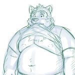  1:1 anthro belly blush canid canine canis clothed clothing clothing_lift domestic_dog embarrassed eyebrows hi_res lifewonders live-a-hero male mammal mokdai nipples overweight pecs shirt shirt_lift sketch solo thick_eyebrows topwear video_games yaki_atsuage 