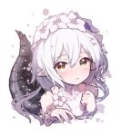  1girl :| arknights bare_shoulders beudelb blush brown_eyes clenched_hand closed_mouth collarbone crocodilian_tail cropped_shoulders eyebrows_visible_through_hair flower frills hair_between_eyes hair_flower hair_ornament hands_up highres long_hair looking_at_viewer pointy_ears sidelocks solo tomimi_(arknights) tomimi_(silent_night)_(arknights) white_background white_flower white_hair x_hair_ornament 