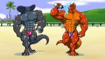  16:9 abs animal_humanoid anthro beach biceps black_body claws clothing cobra disney dragon duo elapid_(snake) gepredators hi_res humanoid lord_dragaunus male mighty_ducks muscular muscular_anthro muscular_male pecs red_body reptile sand scalie scalie_humanoid seaside snake swimming_trunks swimwear water water_bottle wet widescreen 