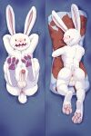  2:3 anthro anus backsack balls blush dakimakura_design embrace erection furryratchet genitals hands_behind_head hi_res hug lagomorph legs_up leporid looking_at_viewer lying male mammal max_(sam_and_max) on_back on_front open_mouth penis pillow rabbit sam_and_max samuel_dog smile solo spread_legs spreading 