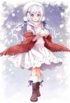  1girl artist_name brown_footwear dress hair_ornament holding kawanobe lace looking_at_viewer low_twintails original purple_eyes snow_bunny snowflakes snowing stole twintails wavy_hair white_dress white_hair x_hair_ornament 