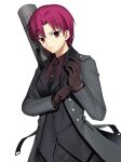  1girl adjusting_clothes adjusting_gloves bazett_fraga_mcremitz brown_gloves coat fate/grand_order fate_(series) formal gloves mishiro_(ixtlolton) mole mole_under_eye necktie purple_hair red_eyes short_hair suit white_background 