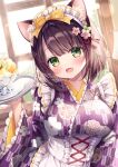  1girl :d animal_ear_fluff animal_ears apron bangs blush bow breasts brown_hair commentary_request day eyebrows_visible_through_hair fang floral_print frilled_apron frills green_eyes hair_bow hand_up head_tilt highres holding holding_tray indoors japanese_clothes kimono looking_at_viewer maid_headdress medium_breasts mitsuba_choco original print_kimono purple_kimono smile solo tray upper_body wa_maid white_apron window yagasuri yellow_bow 