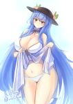  1girl absurdly_long_hair alternate_breast_size alternate_hair_length alternate_hairstyle artist_name bare_shoulders blue_hair breasts cleavage collarbone commentary_request embarrassed food frown fruit hat hinanawi_tenshi huge_breasts lingerie long_hair looking_at_viewer navel older panties peach red_eyes s.claw solo touhou twitter_username underwear very_long_hair white_panties 