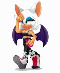  2019 anthro beverage bodily_fluids breasts chiropteran cleavage clothed clothing eyeshadow female footwear half-closed_eyes hi_res hikariviny holding_object makeup mammal membrane_(anatomy) membranous_wings narrowed_eyes open_mouth rouge_the_bat sega simple_background solo sonic_the_hedgehog_(series) sweat walking white_background wings 