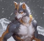  2022 anthro black_nose blue_body blue_eyes blue_fur canid canine canis fur hi_res looking_aside male mammal multicolored_body multicolored_fur nipples open_mouth snow snowing solo teeth waist_up white_body white_fur wolf yellow_body yellow_fur yi_feng 