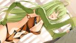  1boy 1girl antennae arthropod_girl artist_request bangs blush breasts carapace center_opening cleavage compound_eyes cracked_wall em_(monster_musume) extra_arms eyebrows_visible_through_hair game_cg green_eyes green_hair hands_on_hips kabedon large_breasts leotard long_hair mantis_girl monster_girl monster_musume_no_iru_nichijou monster_musume_no_iru_nichijou_online navel official_art open_mouth revealing_clothes surprised 