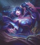  1girl bangs bare_shoulders blue_dress blue_eyes blue_hair blue_sleeves breasts cleavage collarbone detached_sleeves dress green_eyes grey_background hair_ornament highres large_breasts league_of_legends long_hair looking_to_the_side multicolored_background smile solo sona_(league_of_legends) stootato_(crownsforkings) strapless strapless_dress twintails 