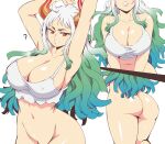  1girl ? ahoge aqua_eyes armpits arms_up ass bottomless breasts cleavage collarbone crop_top curled_horns green_hair groin half-closed_eyes head_out_of_frame highres horns huge_breasts lewdamone lips long_hair looking_at_viewer lower_body multicolored_hair multicolored_horns multiple_views navel one_piece oni orange_horns out-of-frame_censoring parted_lips red_eyes red_horns simple_background stomach upper_body v-shaped_eyebrows very_long_hair white_background white_hair yamato_(one_piece) 