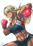  1girl abs armpits bangs bare_shoulders black_shorts black_sports_bra blonde_hair boxing_gloves breasts cleavage clenched_teeth collarbone commentary_request cowboy_shot dark-skinned_female dark_skin eyebrows_visible_through_hair groin hair_between_eyes highres incoming_attack incoming_punch large_breasts long_hair looking_at_viewer midriff mikel_(4hands) muscular muscular_female navel original punching short_shorts shorts simple_background solo sports_bra standing sweat teeth veiny_arms white_background yellow_eyes 