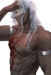  1boy abs alternate_hair_length alternate_hairstyle ares_(hades) armlet artist_name blood blood_on_face closed_mouth commentary dark-skinned_male dark_skin english_commentary from_side hades_(game) hand_in_hair hand_on_own_head highres long_hair male_focus muscular muscular_male nipples nose o3tofu pectorals red_eyes signature simple_background solo topless_male upper_body white_background white_hair 