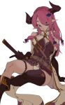  1girl asymmetrical_gloves black_footwear black_gloves black_legwear blue_eyes bottomless braid breasts demon_horns draph gloves granblue_fantasy hair_ornament hair_over_one_eye highres horns katana large_breasts light_purple_hair long_hair low_tied_hair narmaya_(granblue_fantasy) panties pointy_ears purple_hair single_braid single_thighhigh sitting sleeveless solo sword thigh_strap thighhighs underwear uneven_gloves weapon white_background white_panties xu_sanchuan 