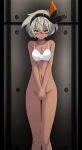  1girl bangs bare_legs bea_(pokemon) black_bow black_hairband blue_eyes blush bottomless bow bow_hairband bra breasts cleavage closed_mouth collarbone covering covering_crotch crying crying_with_eyes_open dark-skinned_female dark_skin frown groin hair_between_eyes hair_bow hairband highres looking_at_viewer medium_breasts medium_hair pokemon pokemon_(game) pokemon_swsh shiny shiny_hair silver_hair solo standing sweatdrop tears tsukishiro_saika underwear underwear_only white_bra 