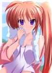  1girl absurdres bangs blush border brown_hair closed_mouth collarbone eyebrows_visible_through_hair hair_between_eyes highres long_hair looking_at_viewer lyrical_nanoha mahou_shoujo_lyrical_nanoha_strikers metaruzo purple_eyes shiny shiny_hair shirt sleeveless sleeveless_shirt smile solo takamachi_nanoha towel towel_around_neck upper_body very_long_hair white_border white_shirt 