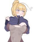  1girl ? ?? absurdres ahoge bangs blonde_hair blush bodysuit breasts embarrassed fang flying_sweatdrops habetrot_(last_origin) hair_bun hand_on_breast highres jacket_pull large_breasts last_origin looking_away looking_to_the_side open_mouth simple_background skin_fang sleeves_past_wrists smile solo taeseok.10jeong torn_bodysuit torn_clothes white_background 