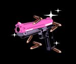  ammunition arkestar black_background blue_eyes blush bullet cartridge desert_eagle english_commentary gun handgun kirby kirby_(series) kirby_and_the_forgotten_land mouthful_mode no_humans parody pistol solo sparkle weapon weapon_focus western_comics_(style) 