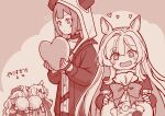  4girls animal_ears arknights blush_stickers cameo candy_hair_ornament ceobe_(arknights) commentary_request cookie cuora_(arknights) dog_ears dog_girl food food-themed_hair_ornament frying_pan gummy_(arknights) hair_ornament heart hood hoodie horns jacket mitake_eil multiple_girls ribbon translation_request vermeil_(arknights) vulcan_(arknights) 