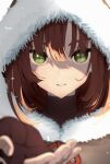  1girl bangs brown_hair fingerless_gloves fur_jacket gloves green_eyes haruwo highres hood jacket looking_at_viewer medium_hair open_hand original outstretched_arm parted_lips portrait reflection shadow simple_background solo white_background wolf 