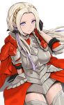  1girl armor black_gloves boobplate breastplate cape commentary_request cowboy_shot edelgard_von_hresvelg fire_emblem fire_emblem:_three_houses fire_emblem_warriors:_three_hopes forehead gloves gonzarez hair_ribbon hand_up headband highres long_hair purple_eyes purple_ribbon red_cape ribbon silver_hair simple_background solo standing thighhighs white_background 