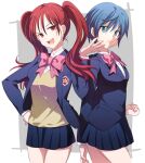  2girls :d blazer blue_eyes blue_hair bow clenched_hand cota frown hand_on_hip hand_up jacket kirishima_jun long_sleeves looking_at_viewer megaton_musashi multiple_girls pink_bow red_eyes red_hair saotome_momoka school_uniform short_hair simple_background skit smile standing twintails 