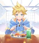  1boy blonde_hair blue_eyes blue_hoodie collared_shirt commentary drink food fork hair_ornament hairclip holding holding_fork holding_knife hood hoodie ice_cream ice_cream_float indoors kagamine_len knife long_sleeves looking_at_viewer male_focus melon_soda naoko_(naonocoto) okosama_lunch pasta plate pout pudding shirt solo spaghetti spiked_hair table tomato vocaloid window 